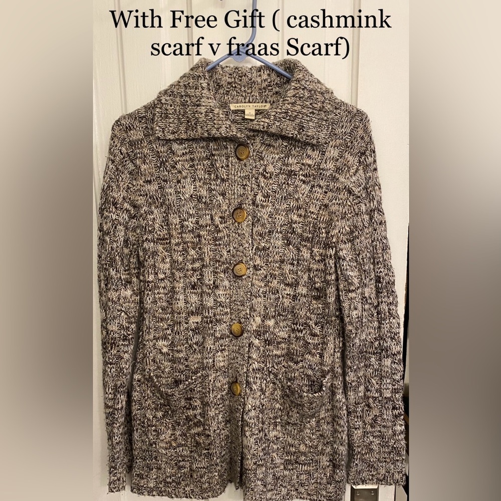 Carolyn Taylor brown and Tan Cable Knit Woven Cardigan Sweater Button Up BOHO